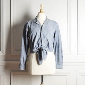 Vintage Chambray Tied Waist, Crop Button Down Shirt SZ M